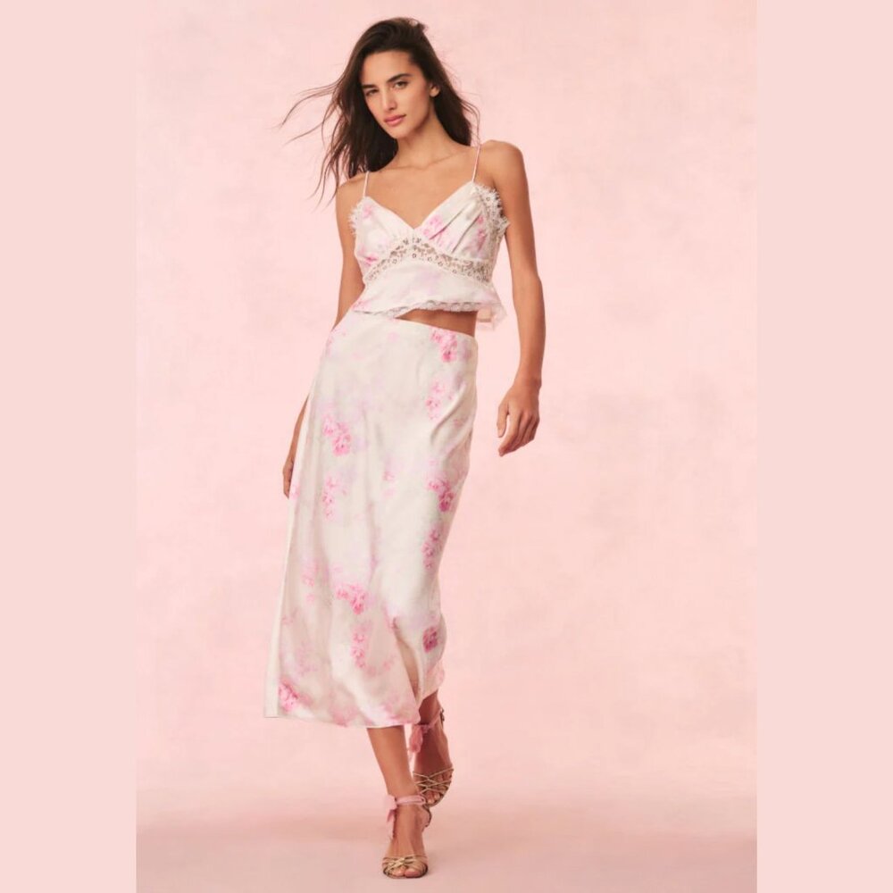 LoveShackFancy Castle Satin Floral Midi/Maxi Skirt in Vanilla Sorbet NWT